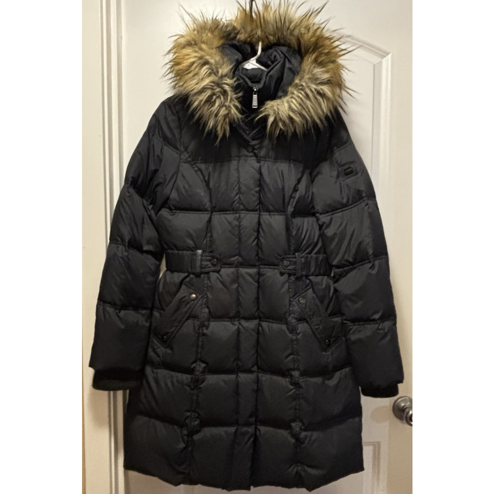DKNY Women’s Small Black Long Puffer Coat Faux Fur Hood Belted Parka